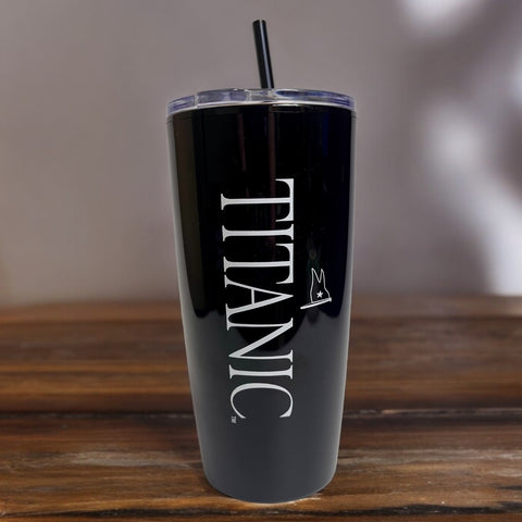 BLACK AND WHITE TITANIC LOGO TUMBLER WITH STRAW